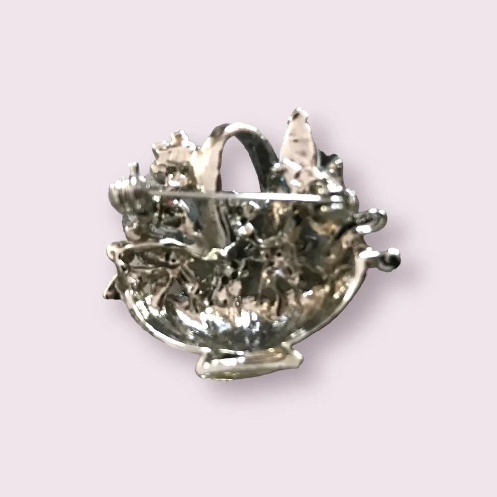 Brooch, Flower Basket, Vintage Silver-Tone, Blue Marquise and Round Rhin…